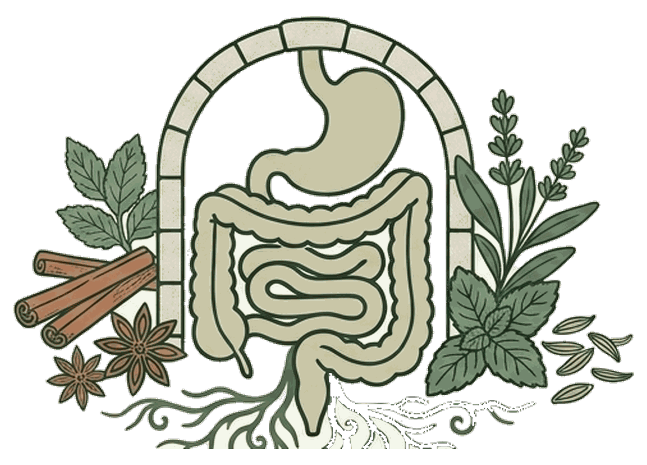 Illustration : le système digestif et le microbiote intestinal, entourés de plantes médicinales