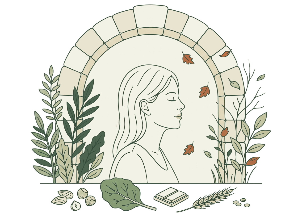 Illustration : une femme apaisée sous une arche, entre feuillages d'été et feuilles d'automne, entourée d'aliments riches en magnésium